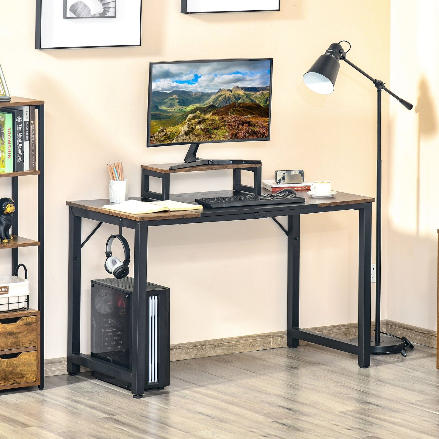 desk with support for black monitor-brown