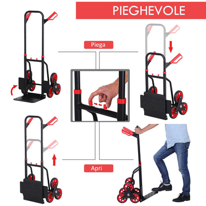 Durhand Trolley heavy loading lugs folding metal with 6 wheels for maximum loading stairs 150kg - Borgè