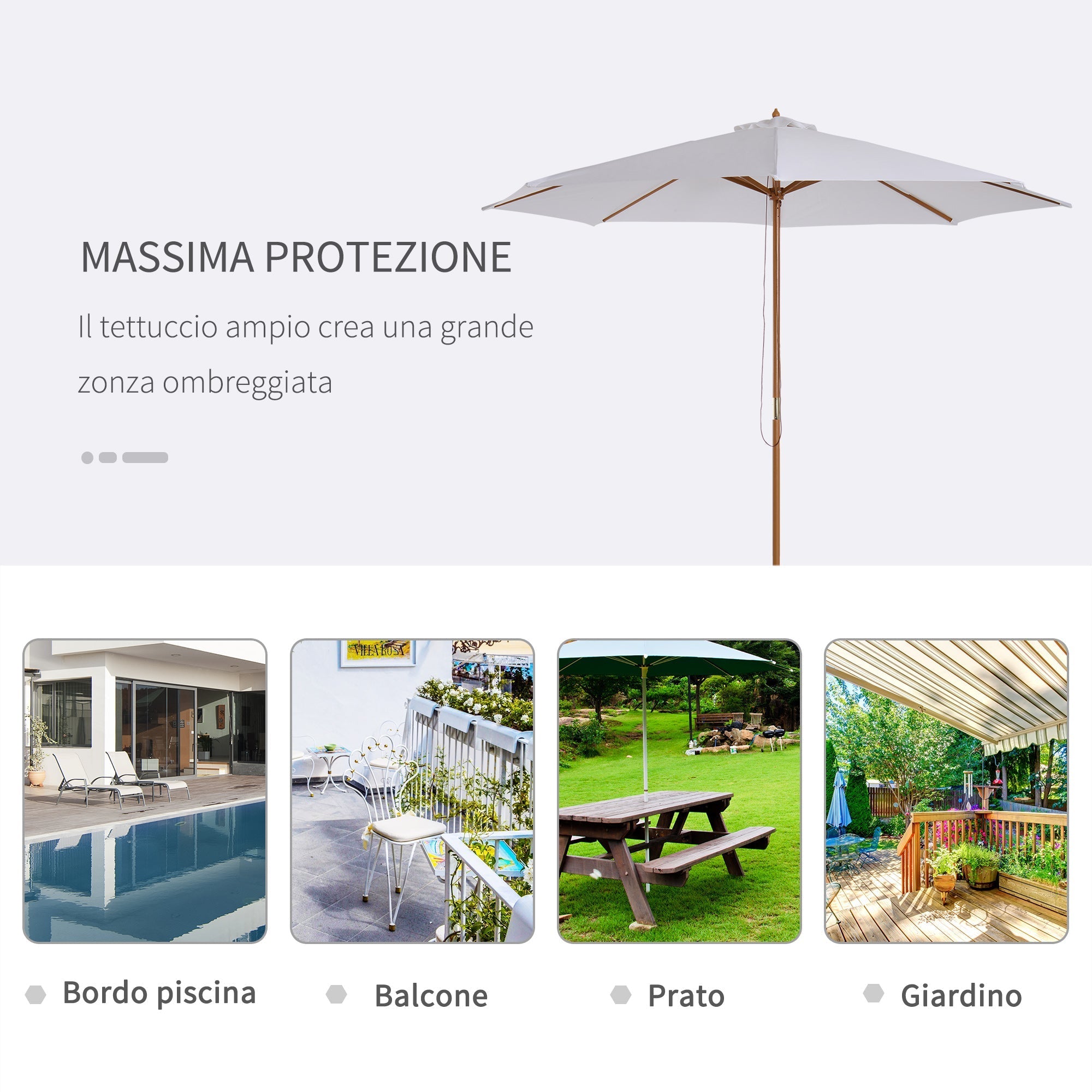 3x2.5 m Garden Umbrella with 8-Ribbed Wooden Pole, Made of Bamboo, Wood and Polyester, White - Borge' Group Limited