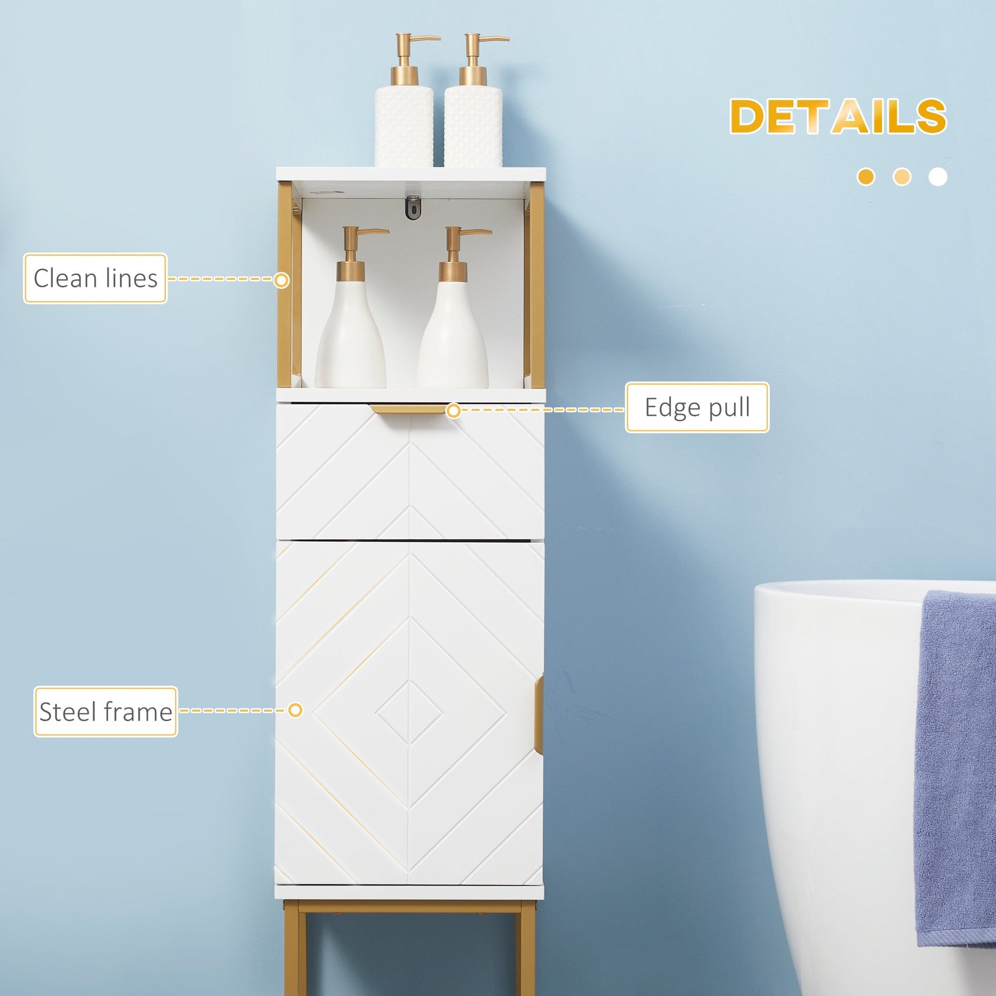 Kleankin Bathroom column mobile with drawer, cabinet and wooden shelf and metal, 30x30x105cm, white - Borgè