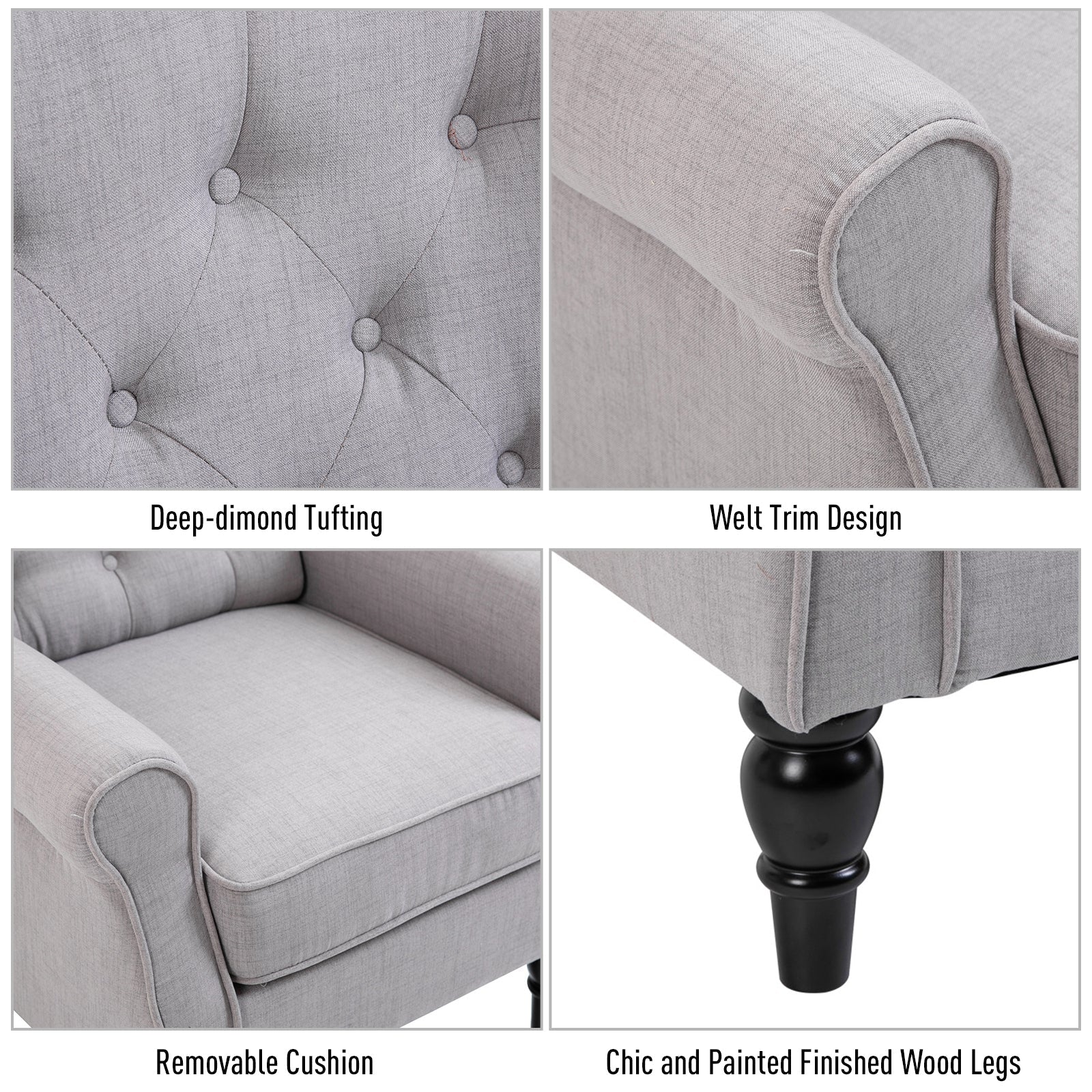 Grey Wooden Armchair and French -style removable cushions with large seat, coated legs - Borgè