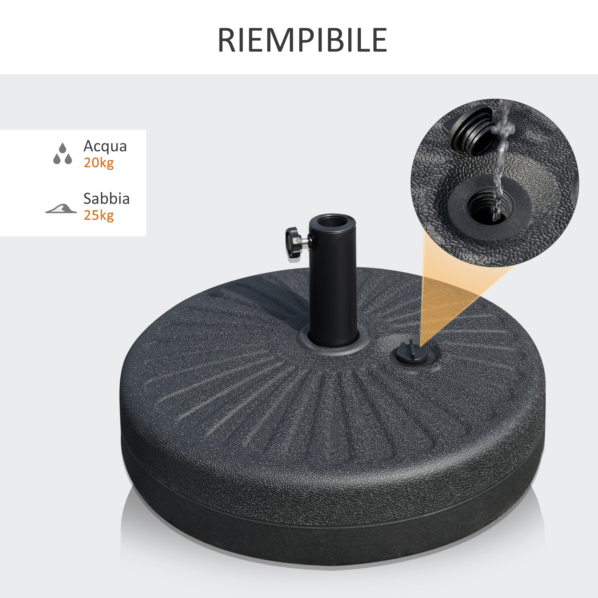 Garden Umbrella Base with Central Pole Φ3.8cm and 4.8cm, Black HDPE - Borge' Group Limited