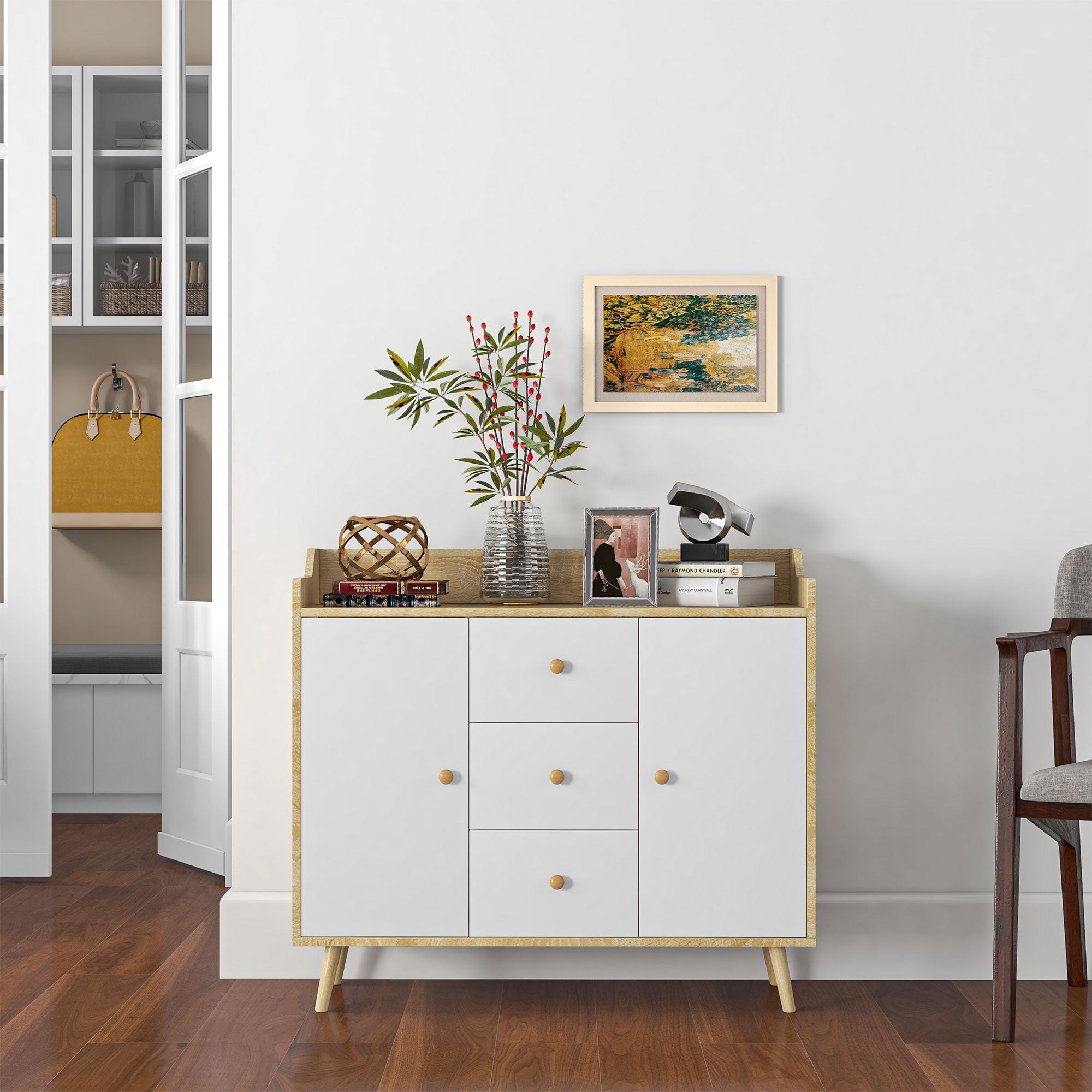 Homcom Modern unit in Pino wood with 3 drawers and 2 doors, 90x32x80h cm - Borgè
