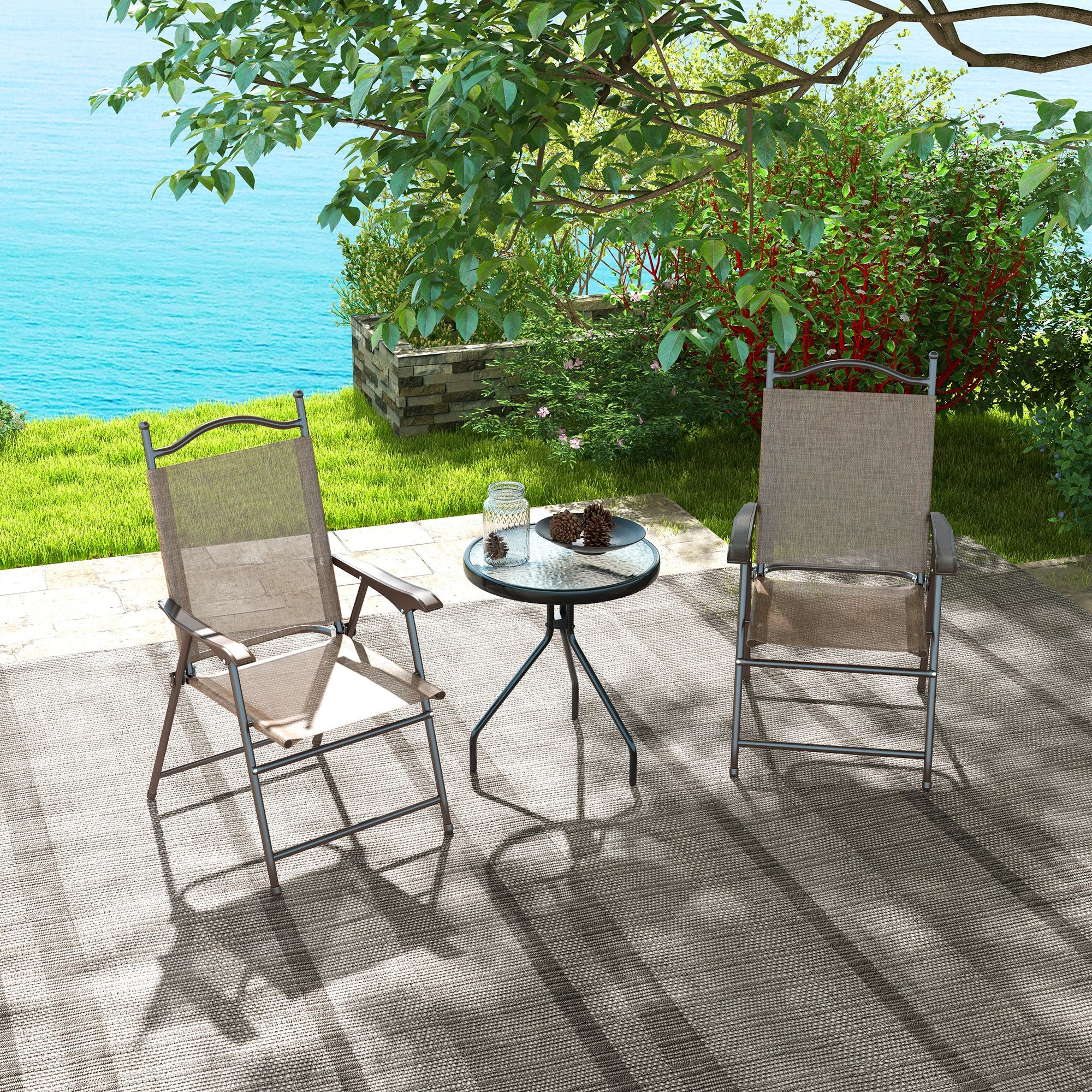 Outsunny set 2 Garden folding chairs with armrests and session in breathable fabric, brown - Borgè
