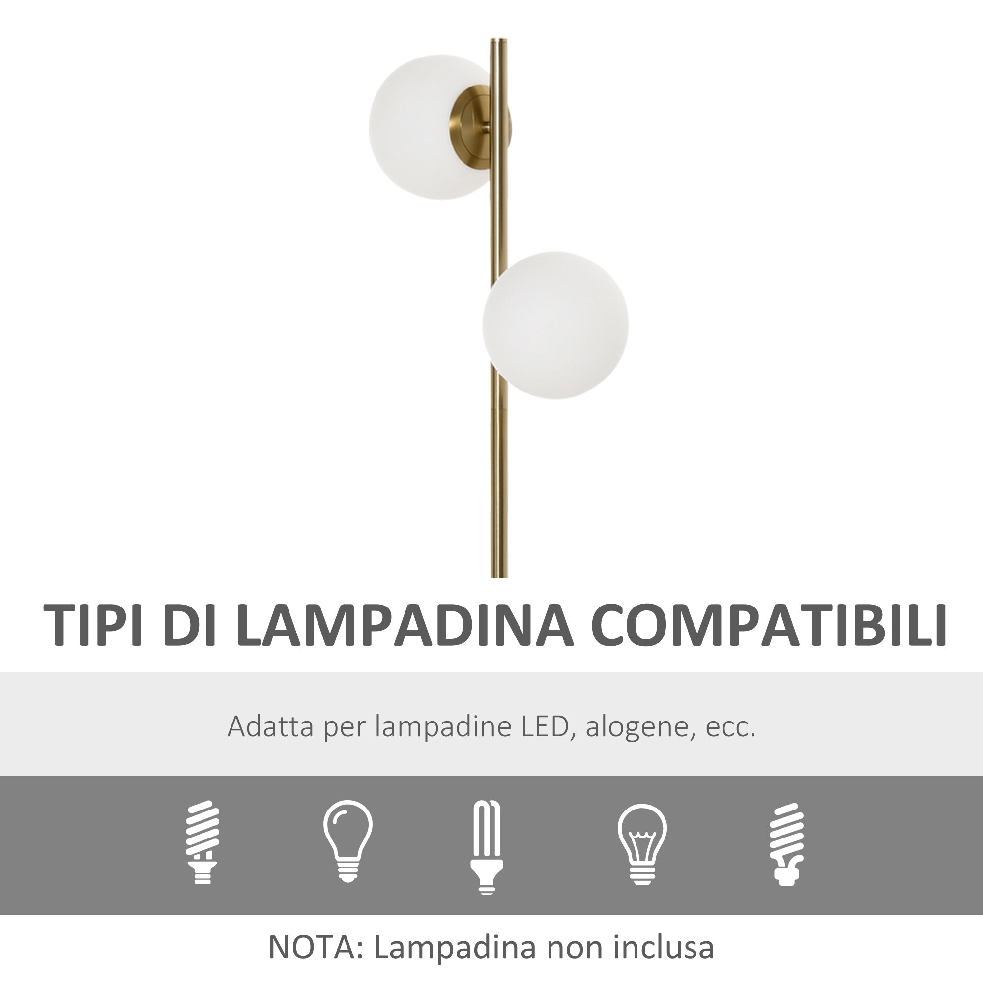 ground lamp with 2 sphere lampshades and pedal switch, 35x35x165cm, gold and white - Borgè