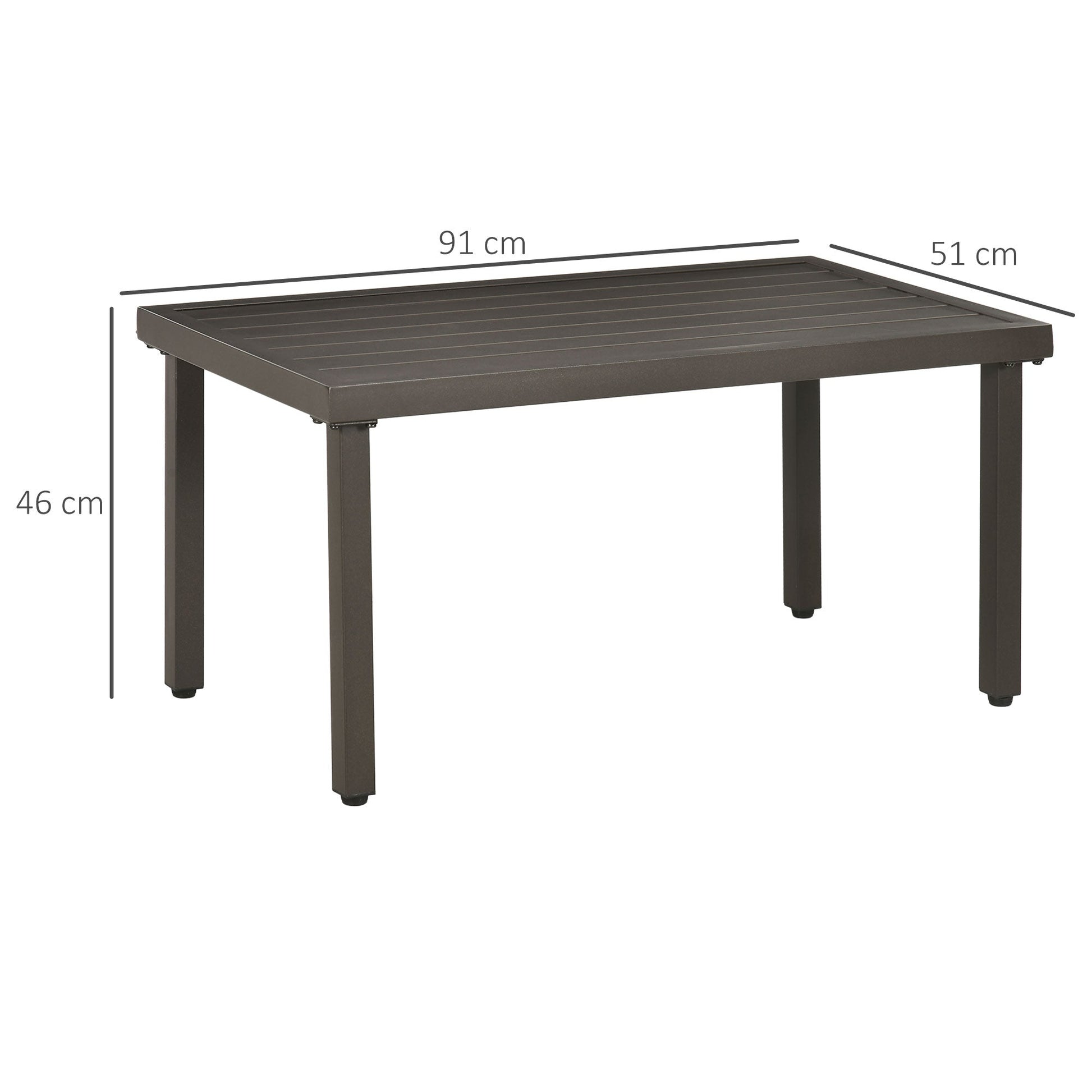 Outdoor steel coffee table with adjustable feet and slatted top, 91x51x46 cm, brown - Borgè