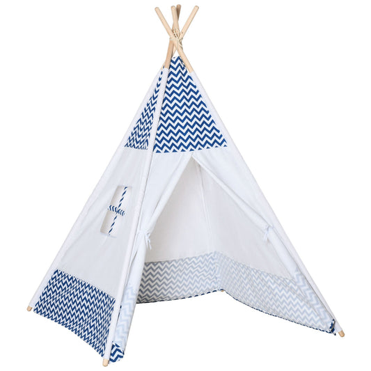 Indian tenda for children Teepee in fabric and wood with window, age 3-6 years, 120x120x155cm, white and blue - Borgè