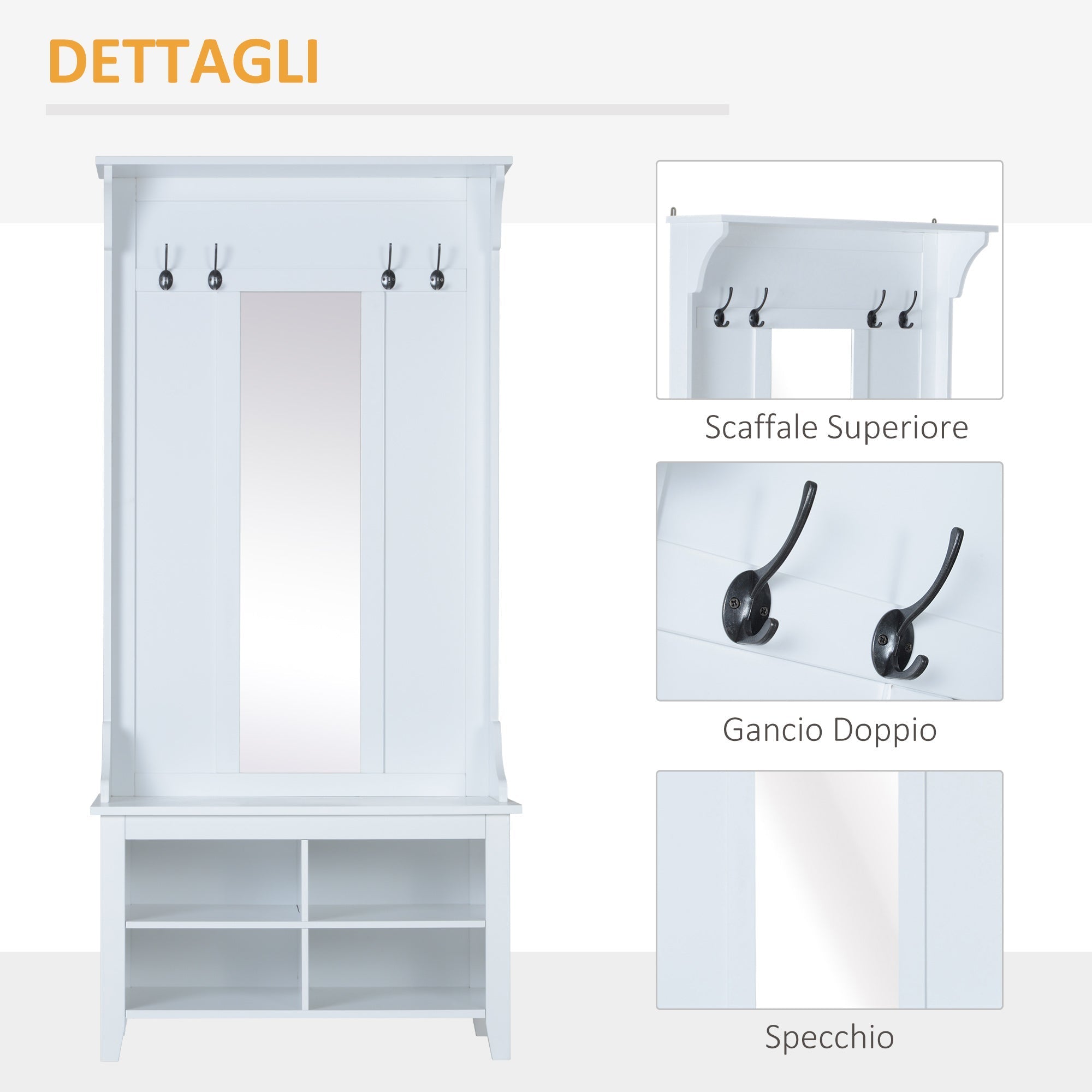 BELLINI | White Entrance Hall Wall Unit with Hangers and Shoe Rack | 80x40x170cm - Borgè