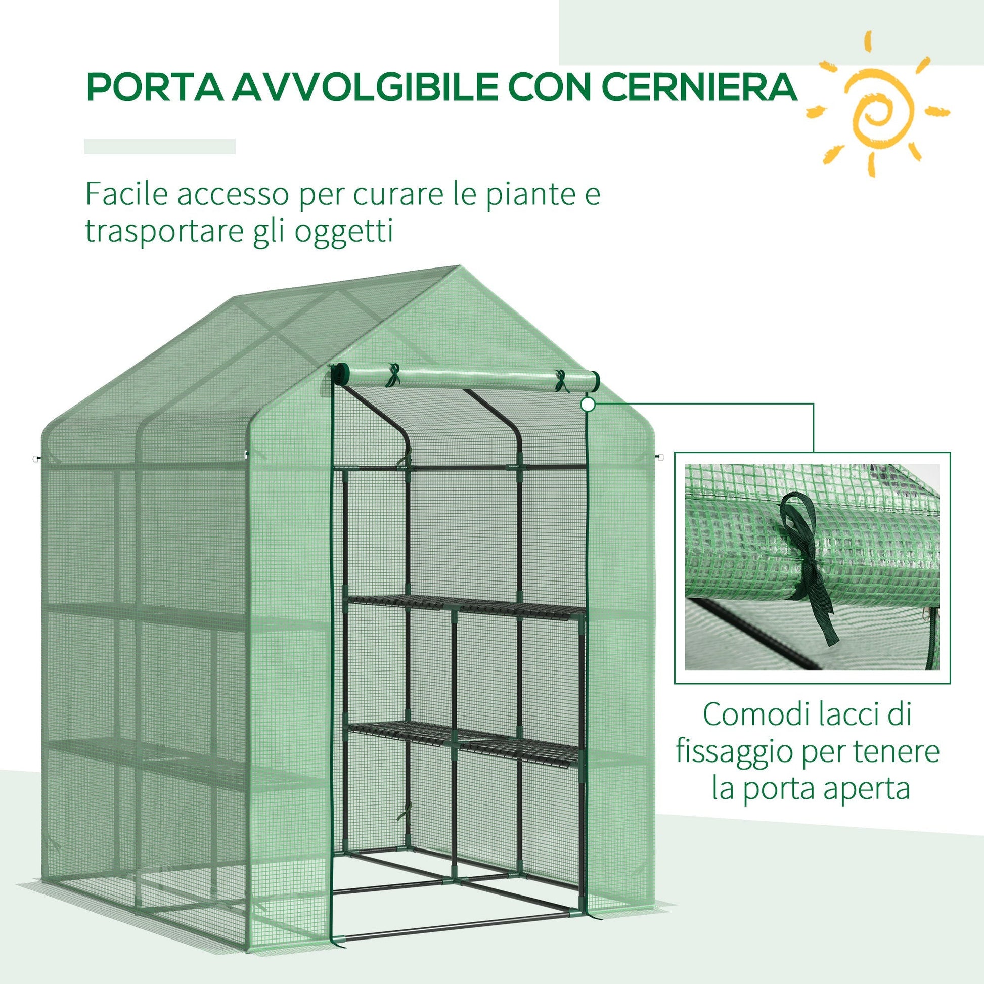 Outsunny Garden greenhouse with shelves, pear coverage and rolled holder, 143x138x190 cm, green - Borgè