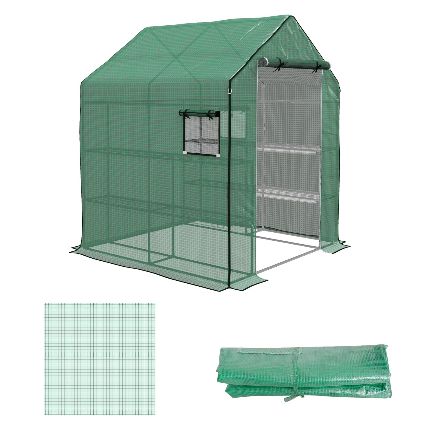 Outsunny PE Garden Greenhouse Cover with Hinged Door and Windows, 140x143x190cm, Green - Borgè