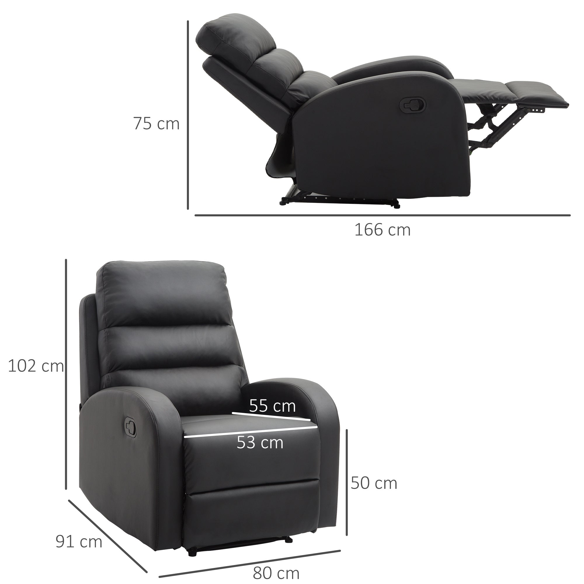 Relaxable relaxation armchair with padded seat and footrests, for home and office, in eco -leather, 80x91x102 cm, black - Borgè