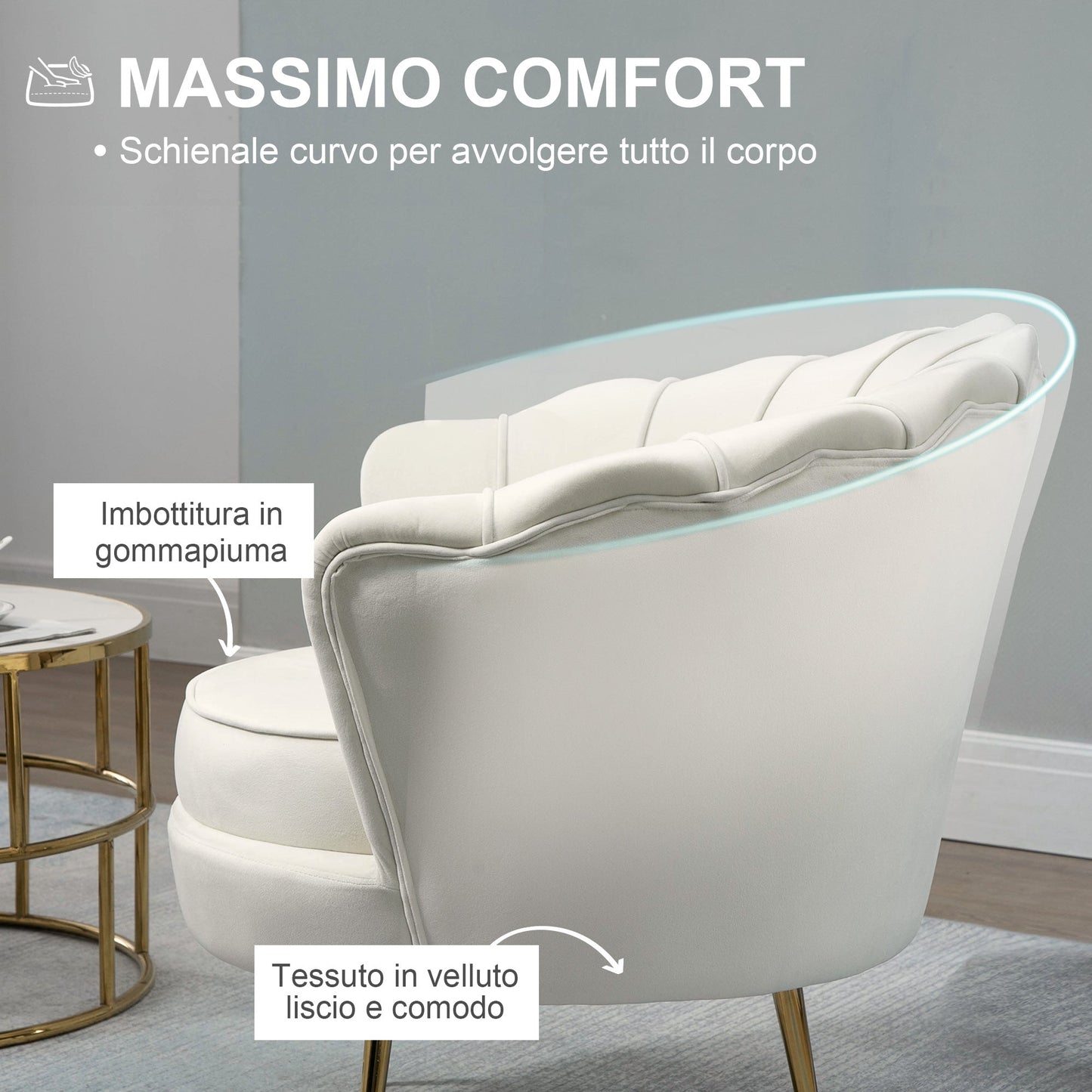 SEASHELL Design Cream Velvet Chamber Armchair With Back | 76x67x74cm - Borgè