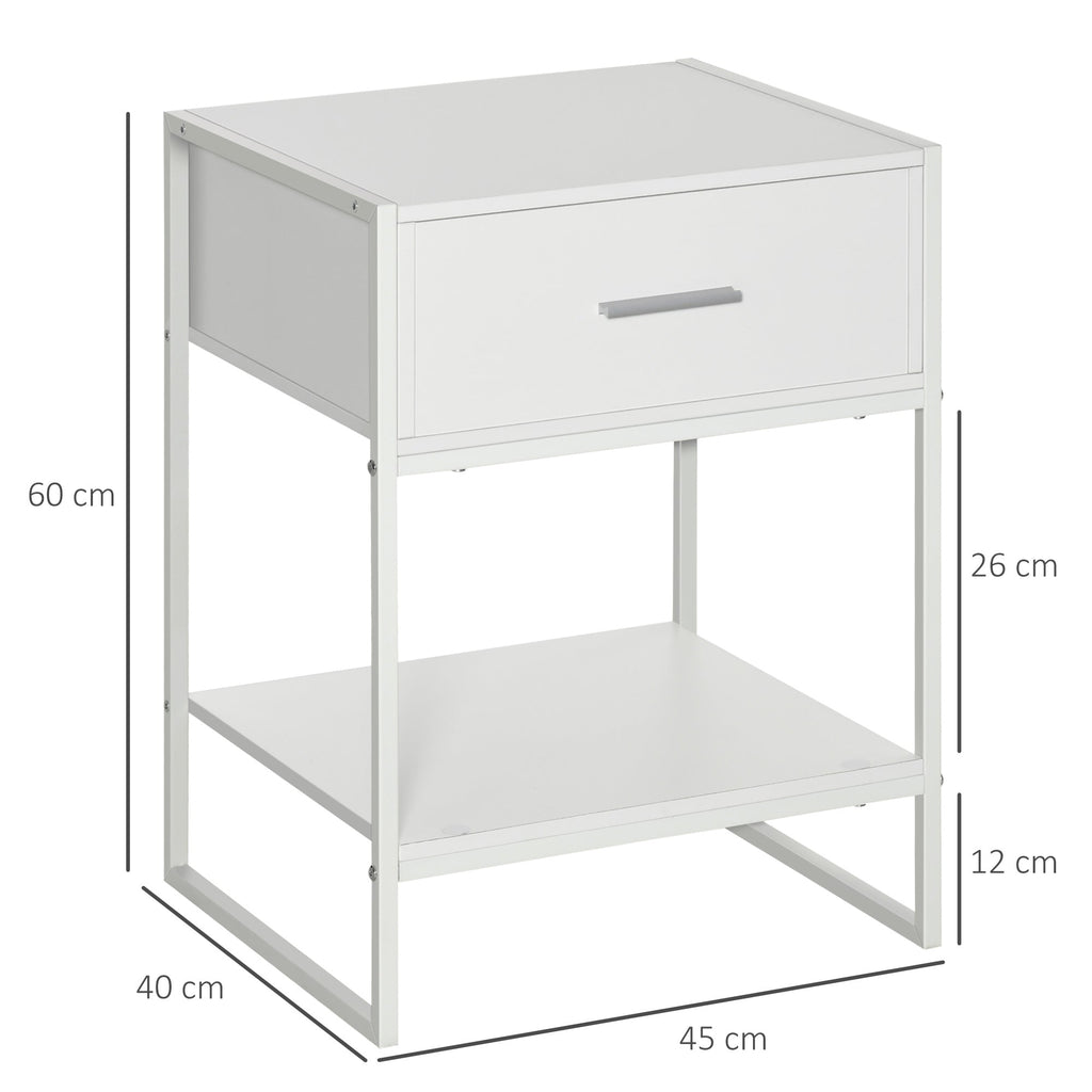 Modern bedside table set 2 pieces with drawer and open shelf, in mdf and steel, 45x40x60cm, white - Borgè