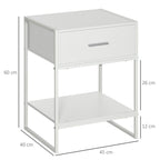 Modern bedside table set 2 pieces with drawer and open shelf, in mdf and steel, 45x40x60cm, white - Borgè