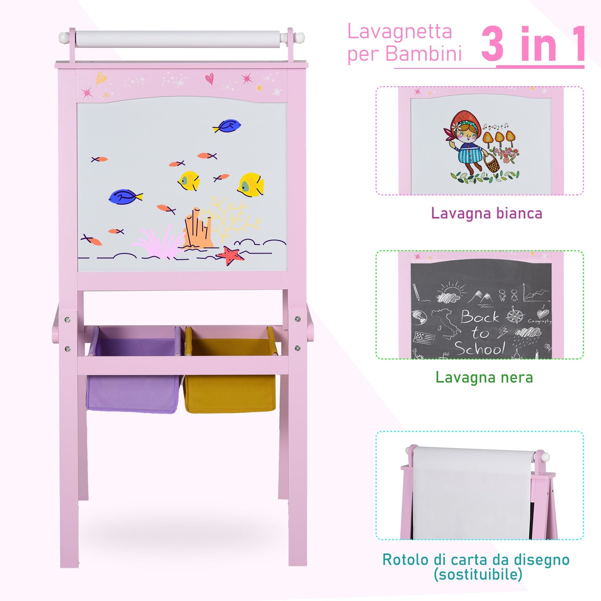 Lavagnetta with Kids stand 3 in 1 and with roller paper sheets pink wooden - Borgè